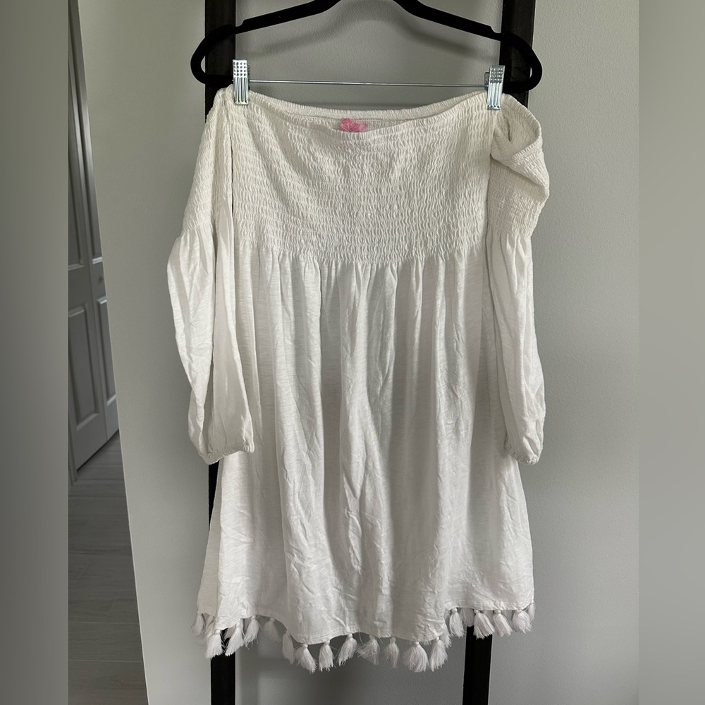 Lilly Pulitzer off the shoulder white tassel dress